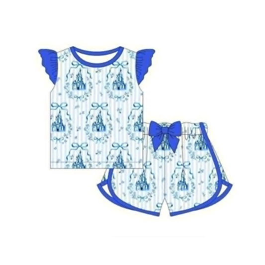 preorder GSSO3775 Blue Castle Bows Flutter Sleeve Shorts Girls Set