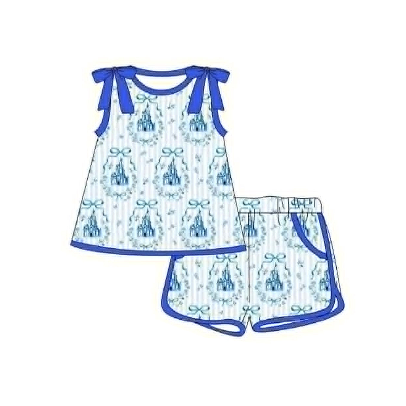 preorder GSSO3776 Blue Castle Bows Sleeveless Shorts Girls Set