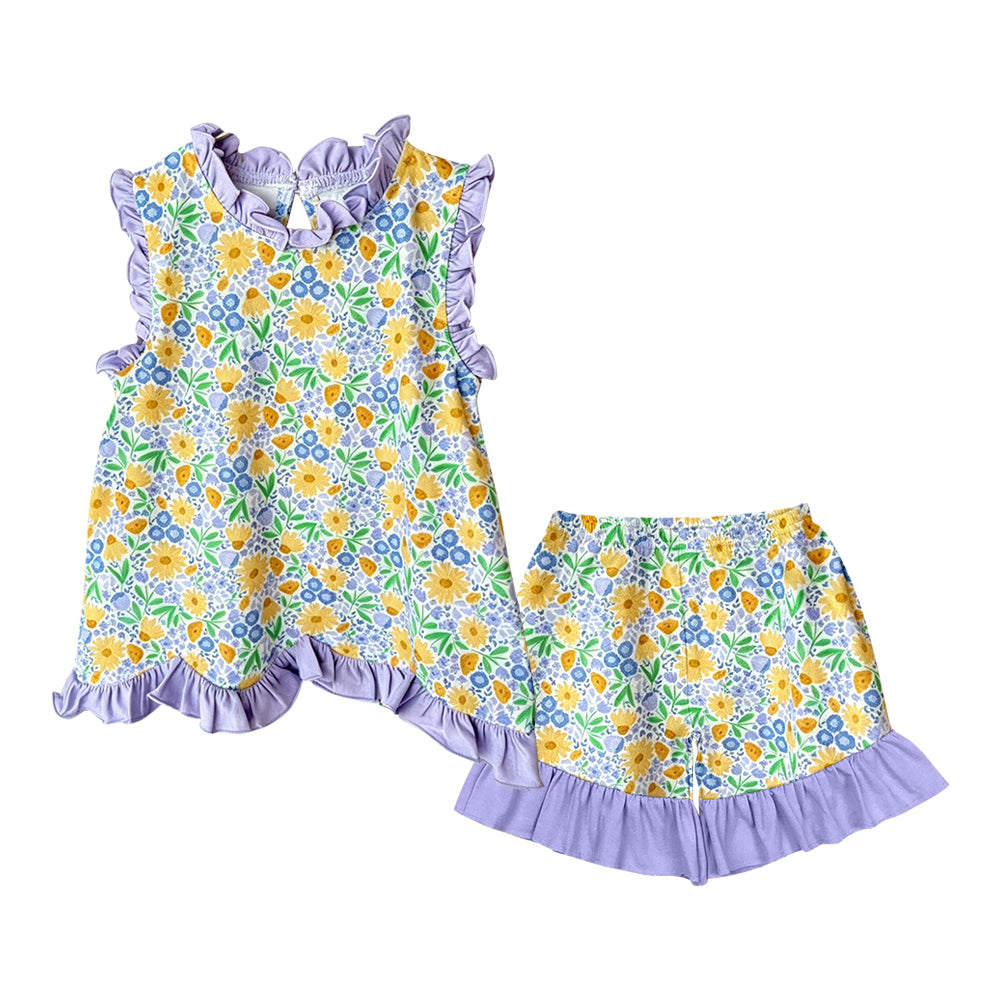 preorder GSSO3777 Flowers Purple Sleeveless Shorts Girls Set