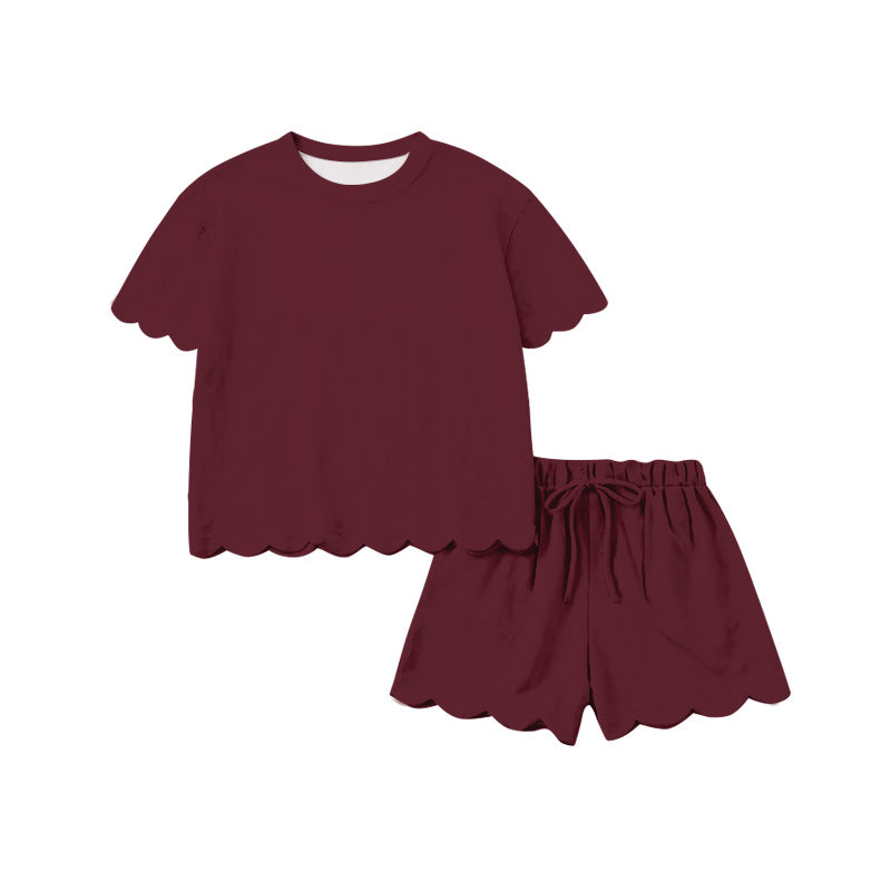 preorder GSSO3778 Scallop Maroon Short Sleeve Shorts Girls Set