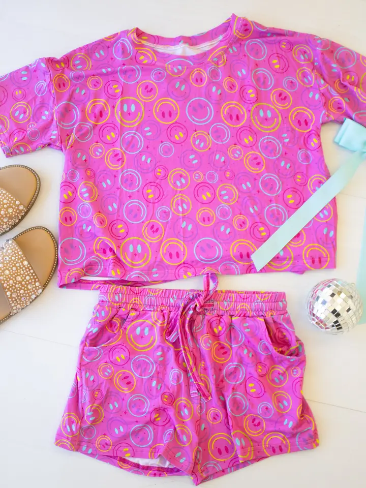 preorder GSSO3782 Smile Hot Pink  Short Sleeve Shorts Girls Set