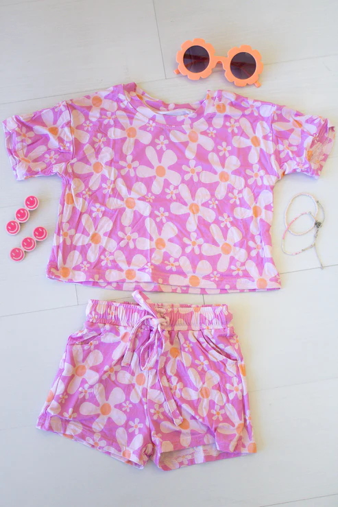 preorder GSSO3783 Flowers Pink  Short Sleeve Shorts Girls Set