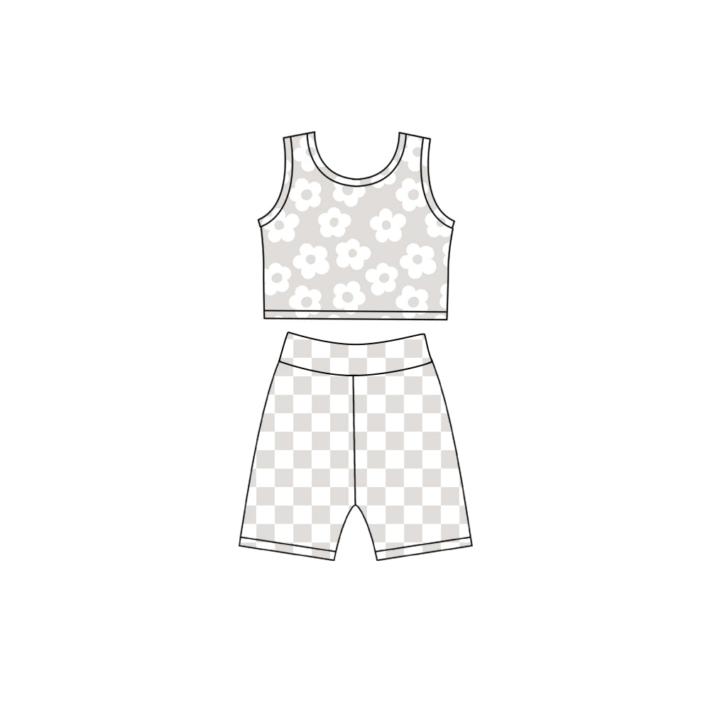 preorder GSSO3784 Yoga Flowers Grey Sleeveless Shorts Girls Set