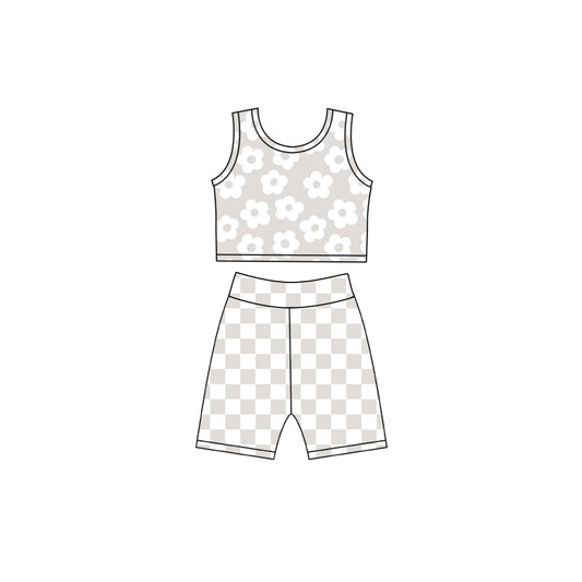 preorder GSSO3784 Yoga Flowers Grey Sleeveless Shorts Girls Set