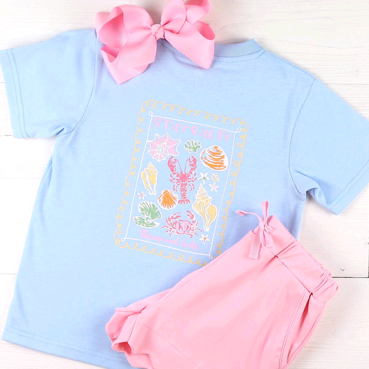 preorder GSSO3787 Crayfish Crab Blue Short Sleeve Pink Shorts Girls Set
