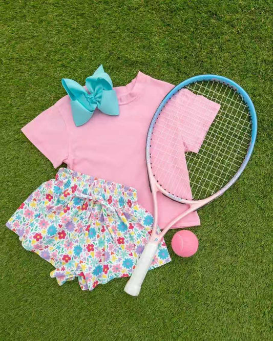 preorder GSSO3790 Pink Short Sleeve Floral Flowers Skorts Girls Set