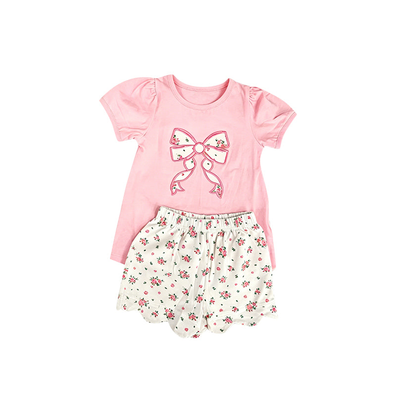 preorder GSSO3792 Floral Bow Pink Short Sleeve Floral Flowers Shorts Girls Set