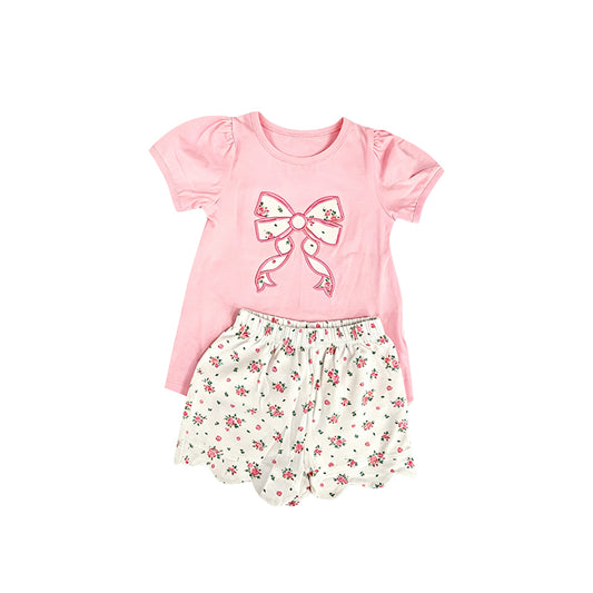 preorder GSSO3792 Floral Bow Pink Short Sleeve Floral Flowers Shorts Girls Set