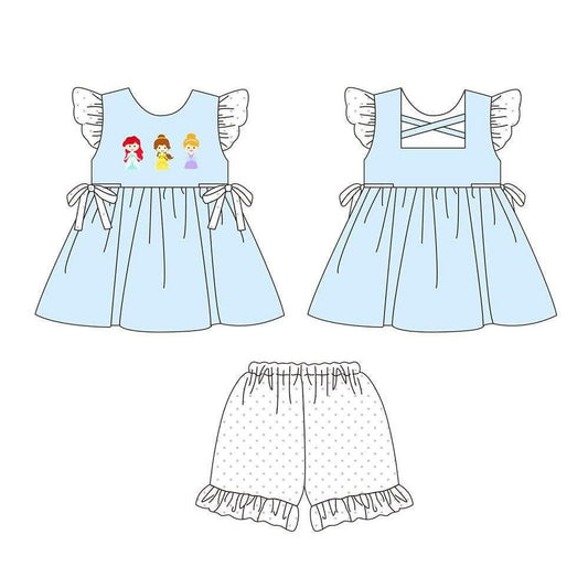 preorder GSSO3807 Cartoon Princess Blue Sleeveless Shorts Girls Set