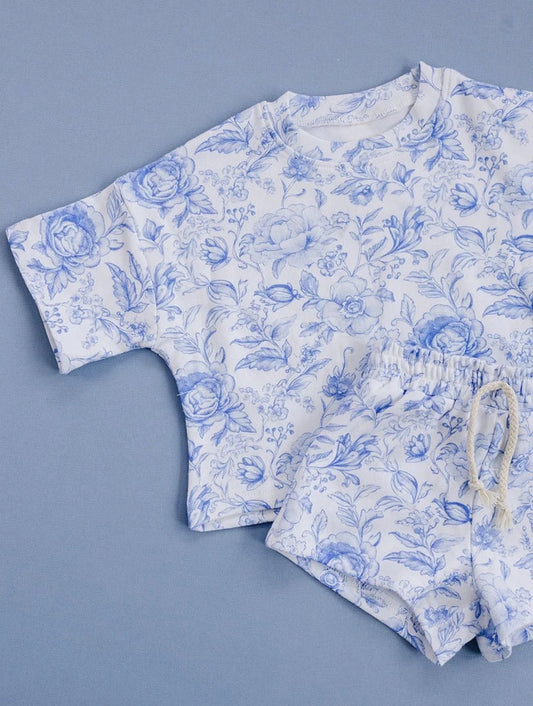 preorder GSSO3809 Blue Flowers Short Sleeve Shorts Girls Set