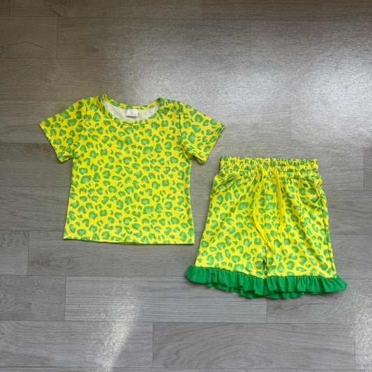 preorder Samples GSSO3812 Leopard Green Short Sleeve Shorts Girls Set