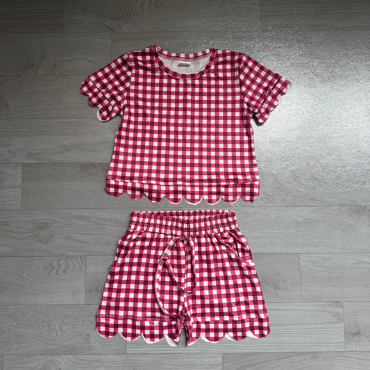 preorder Samples GSSO3836 Red Checkered Short Sleeve Shorts Girls Set