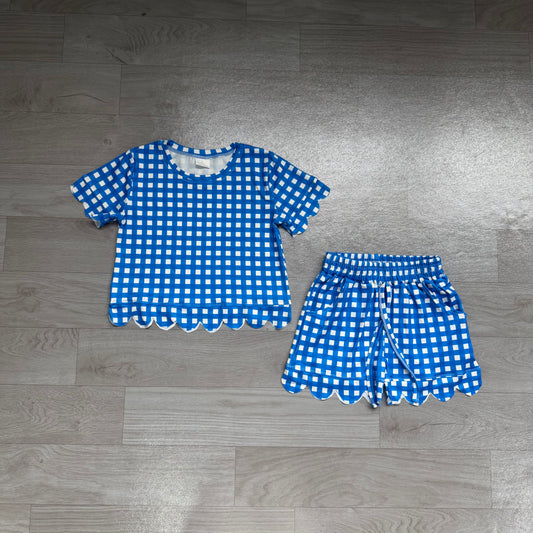 preorder Samples GSSO3837 Blue Checkered Short Sleeve Shorts Girls Set