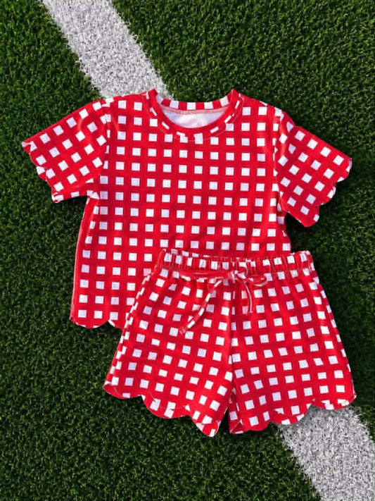 preorder GSSO3838 Scallop Red Checkered Short Sleeve Shorts Girls Set