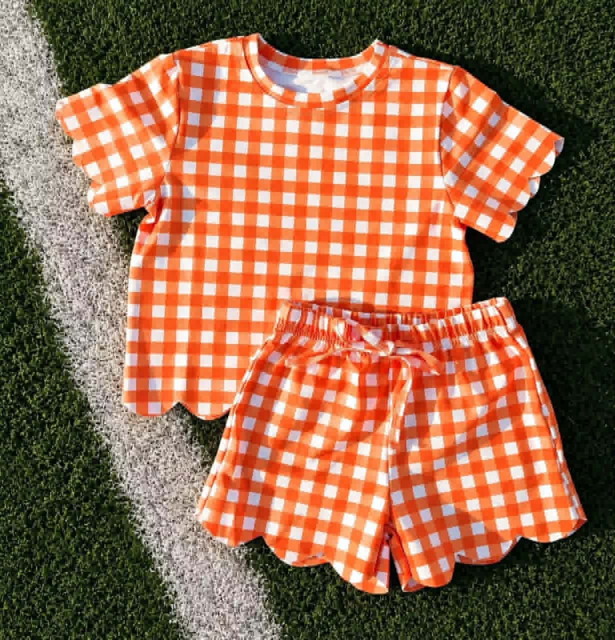 preorder GSSO3839 Scallop Orange Checkered Short Sleeve Shorts Girls Set