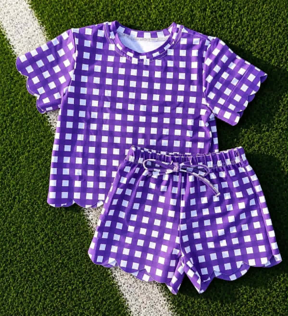 preorder GSSO3841 Scallop Purple Checkered Short Sleeve Shorts Girls Set
