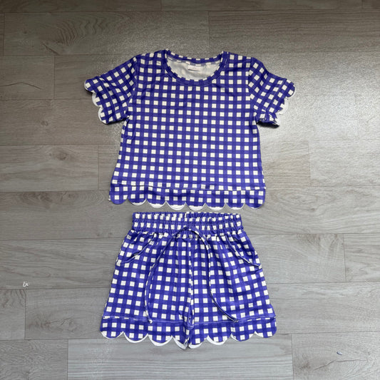 preorder Samples GSSO3841 Scallop Purple Checkered Short Sleeve Shorts Girls Set