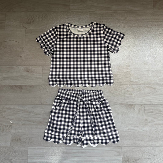 preorder Samples GSSO3842 Scallop Black Checkered Short Sleeve Shorts Girls Set