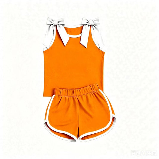 preorder GSSO3851 Cotton Orange Bows Sleeveless Shorts Girls Set