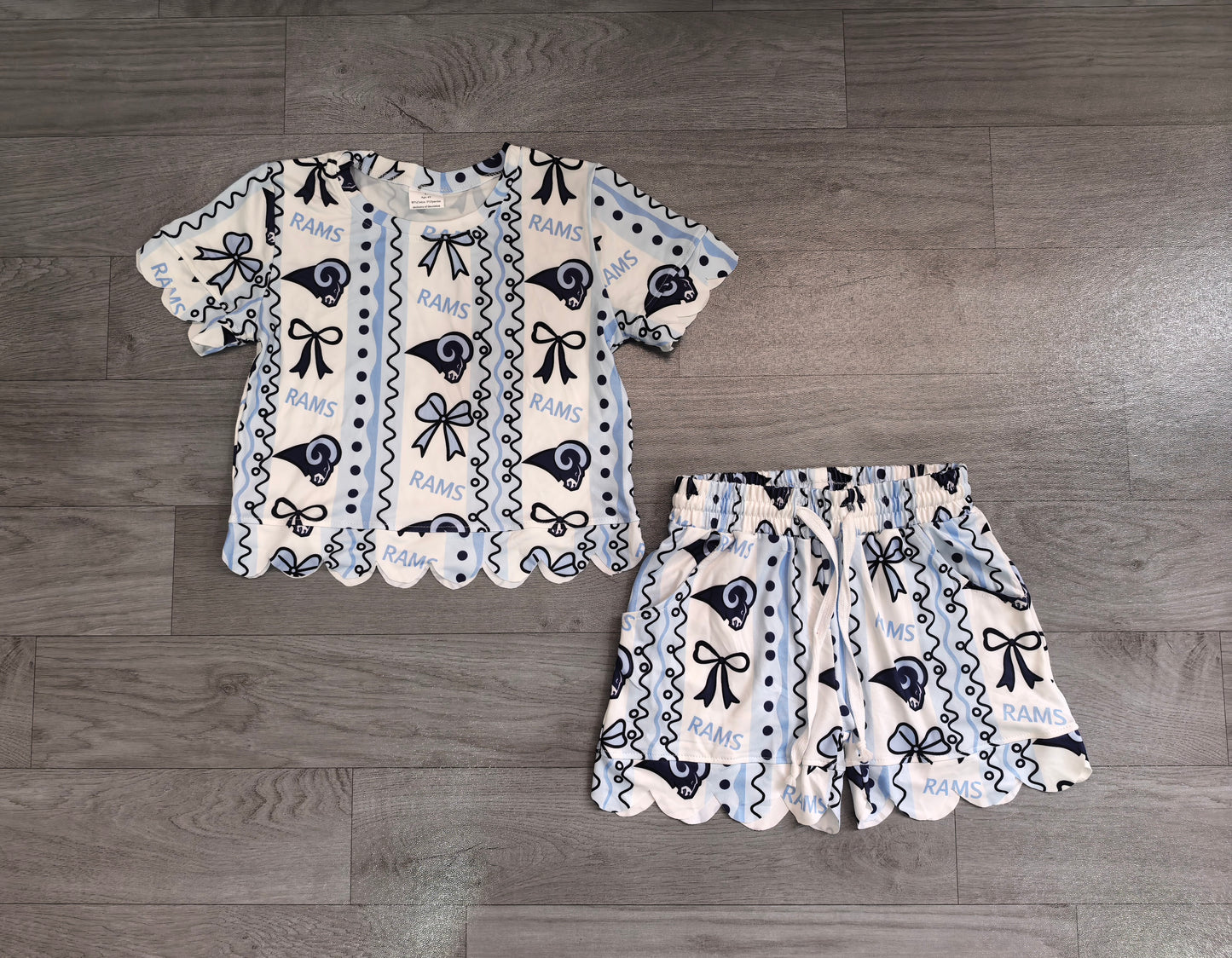 preorder Samples GSSO3853 Scallop RAMS Bows Blue Short Sleeve Shorts Girls Set
