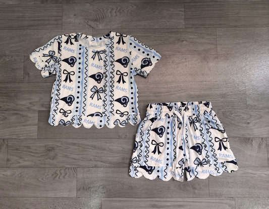 preorder Samples GSSO3853 Scallop RAMS Bows Blue Short Sleeve Shorts Girls Set