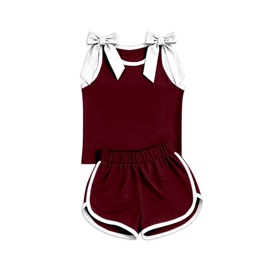 preorder GSSO3855 Cotton Maroon Bows Sleeveless Shorts Girls Set