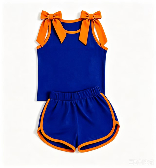 preorder GSSO3857 Navy Blue Bows Sleeveless Shorts Girls Set