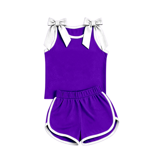 preorder GSSO3858 Purple Bows Sleeveless Shorts Girls Set