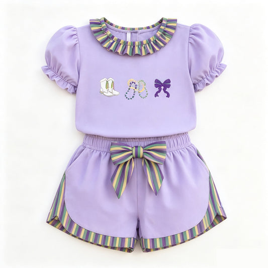 preorder GSSO3861 Mardi Gras Bow Boot Purple Short Sleeve Shorts Girls Set