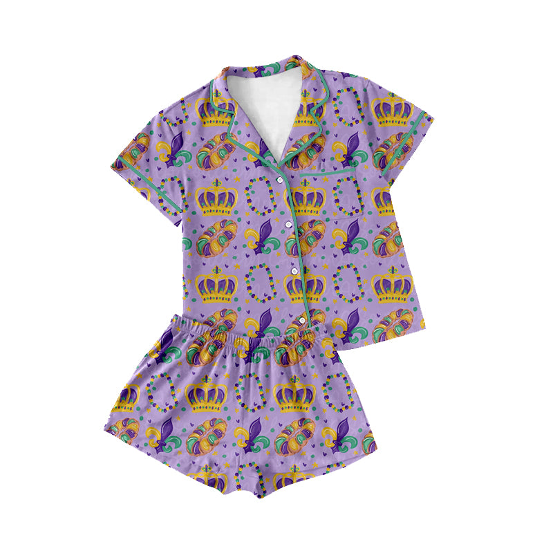 preorder GSSO3863 Mardi Gras Purple Short Sleeve Shorts Adult Women Pajamas