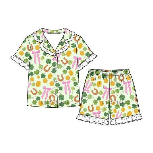 preorder GSSO3865 St Patrick Bows Clover Short Sleeve Shorts Girls Pajamas