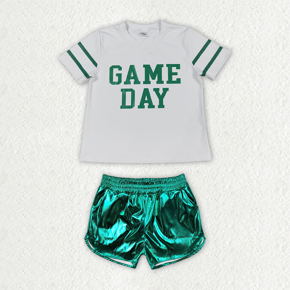 GSSO3871 Yoga GAMEDAY Green Short Sleeve Green Leather Shorts Girls Set GT1103+SS0410