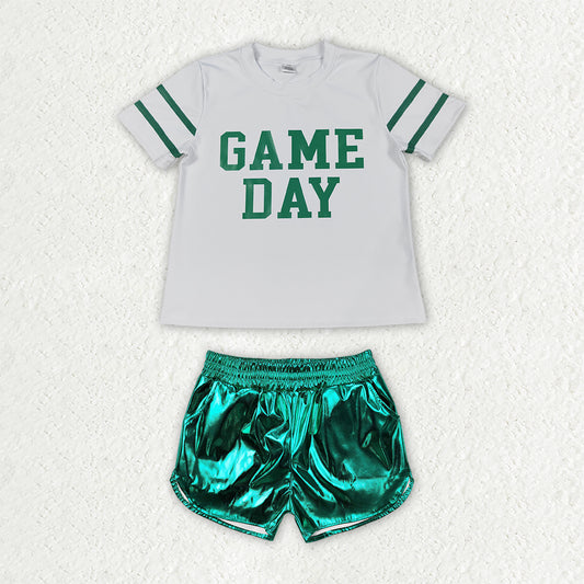 GSSO3871 Yoga GAMEDAY Green Short Sleeve Green Leather Shorts Girls Set GT1103+SS0410