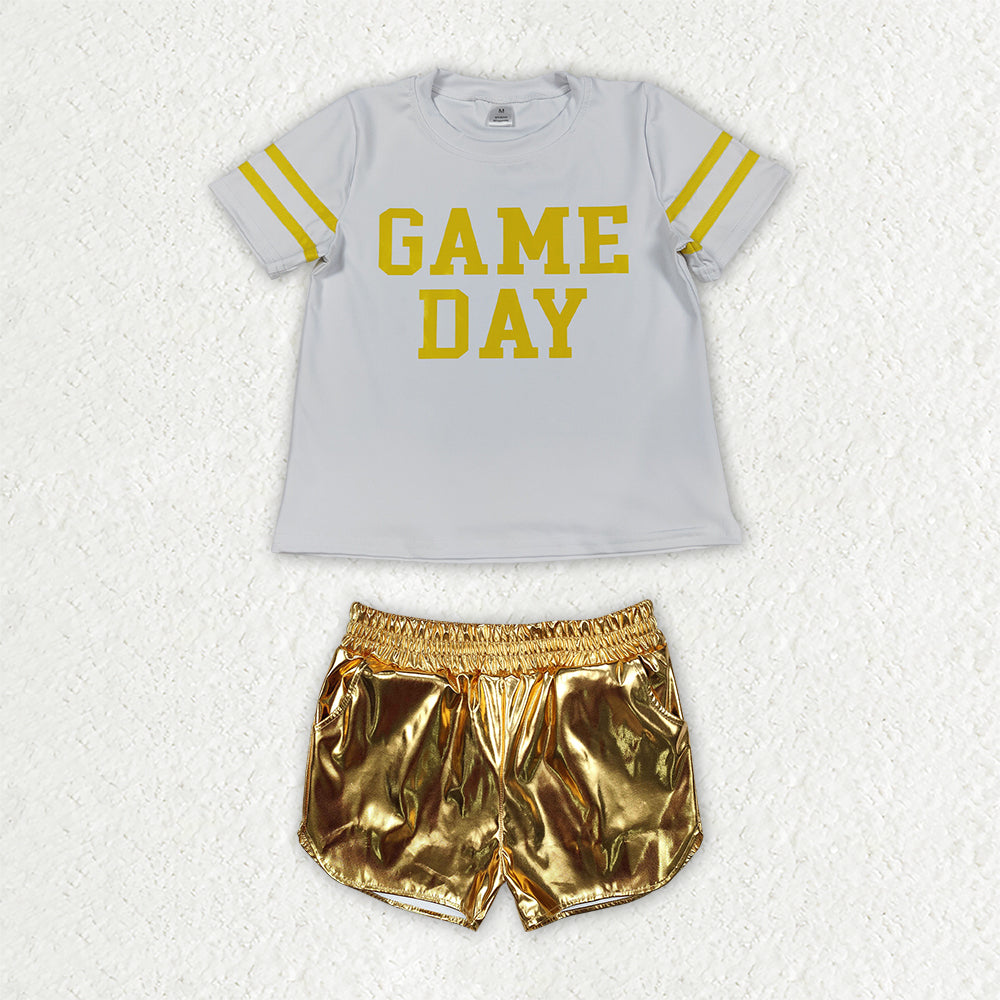 GSSO3872 Yoga GAMEDAY Yellow Short Sleeve Yellow Leather Shorts Girls Set GT1115+SS0417