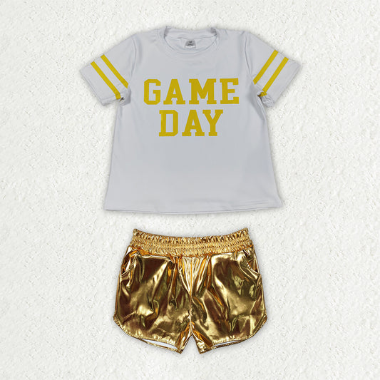 GSSO3872 Yoga GAMEDAY Yellow Short Sleeve Yellow Leather Shorts Girls Set GT1115+SS0417
