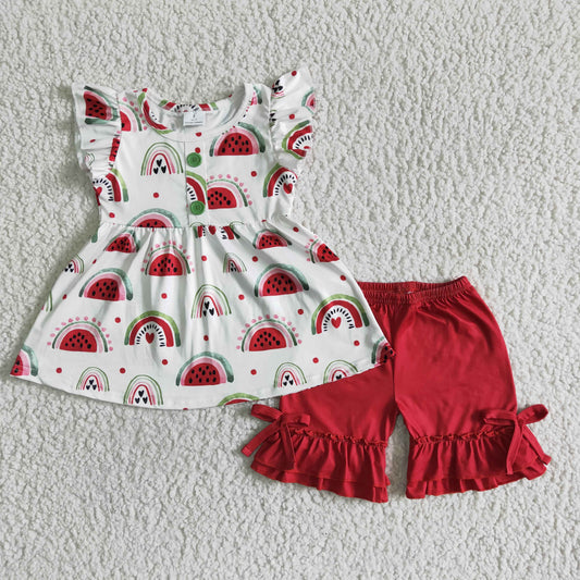 GSSSO0005 watermelon flutter sleeve red shorts girls set