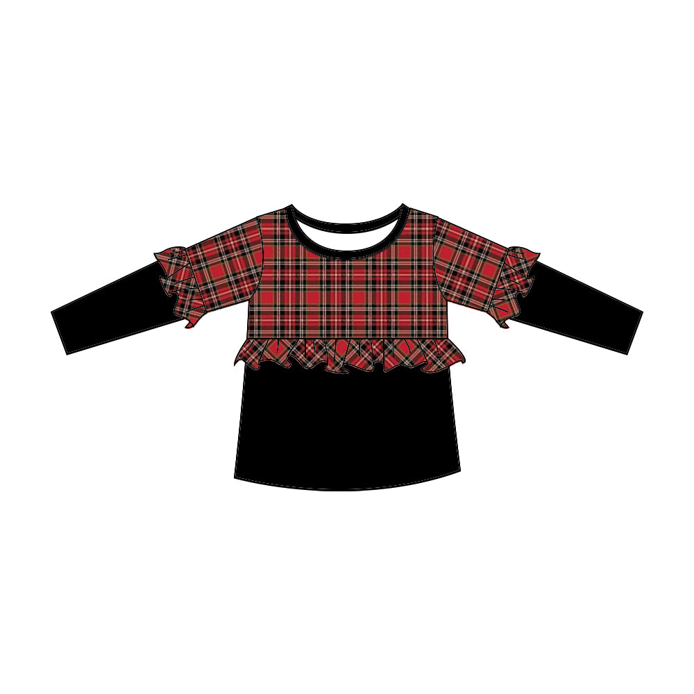 preorder GT0211 Christmas Red & Black Plaid Print Long Sleeves Girls Top