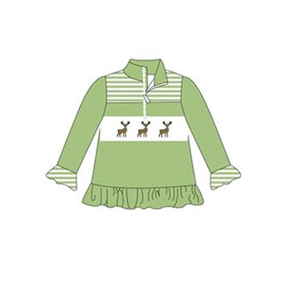 preorder GT0228  Christmas Deer Green Long Sleeve Girls Top
