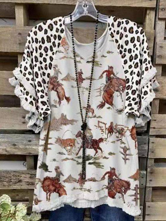 preorder GT0257 Western horse riding short leopard sleeve adult top