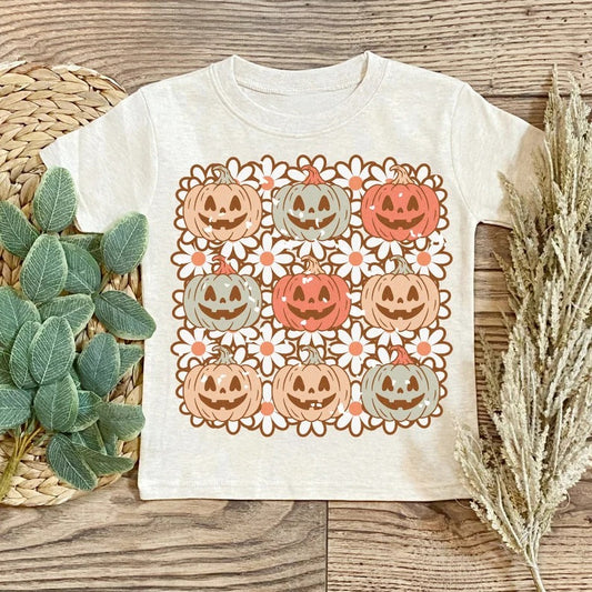 preorder GT0290 Halloween pumpkin smile flowers white short sleeve kids t-shirt