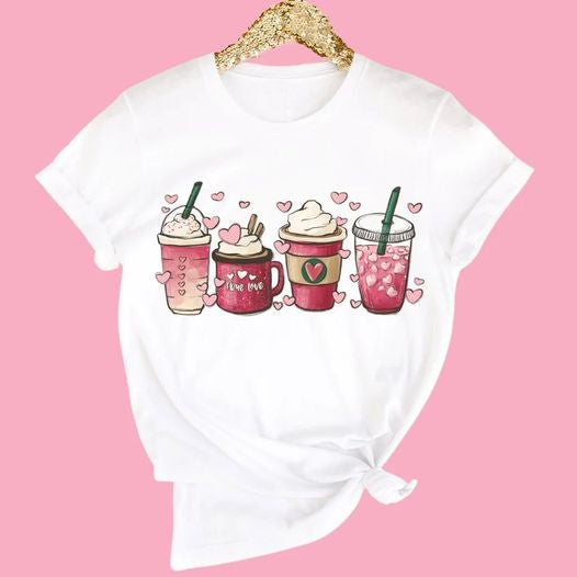 preorder GT0413 Valentine's Day coffee white short sleeve girls top