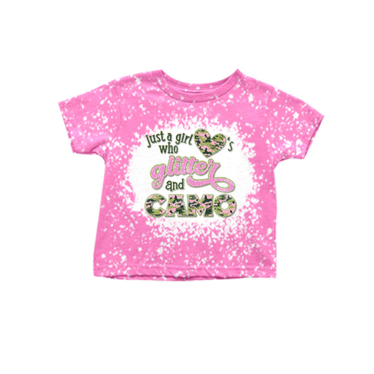 preorder GT0416 Just A Girl's Who Glitter And Camo Hot Pink Short Sleeve Girls Top
