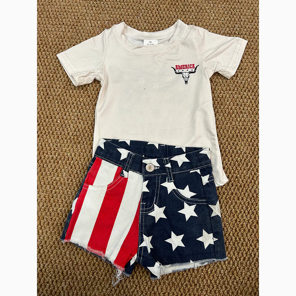 Western July 4th american cow short sleeve star striped denim shorts girls set GT0465+NC0003