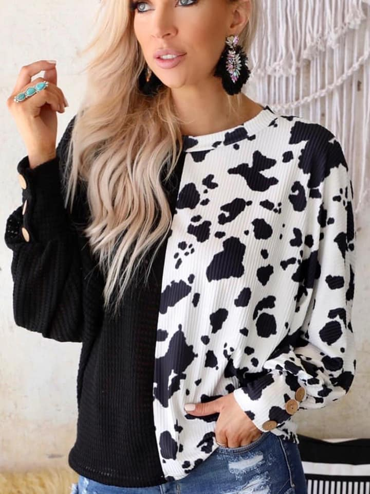 preorder GT0497 cow print black long sleeve adult top