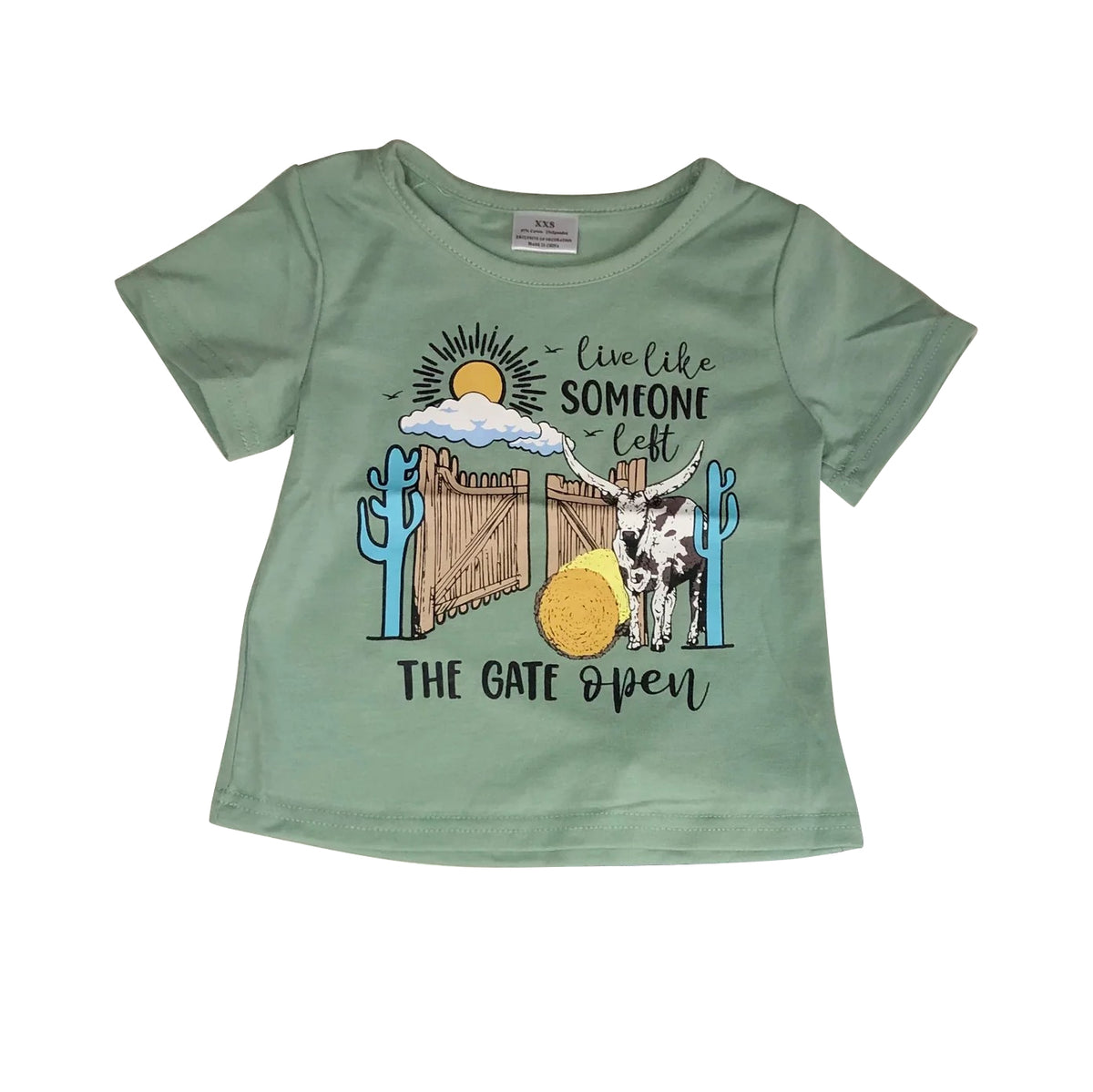 preorder GT0498 the gate open cow cactus green short sleeve girls top