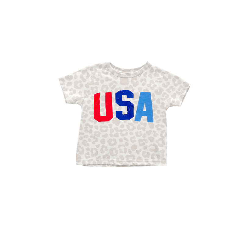 preorder GT0547 July 4th USA leopard short sleeve girls top