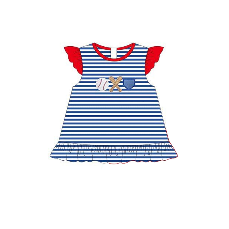 preorder GT0560 play baseball navy blue striped flutter sleeve girls top