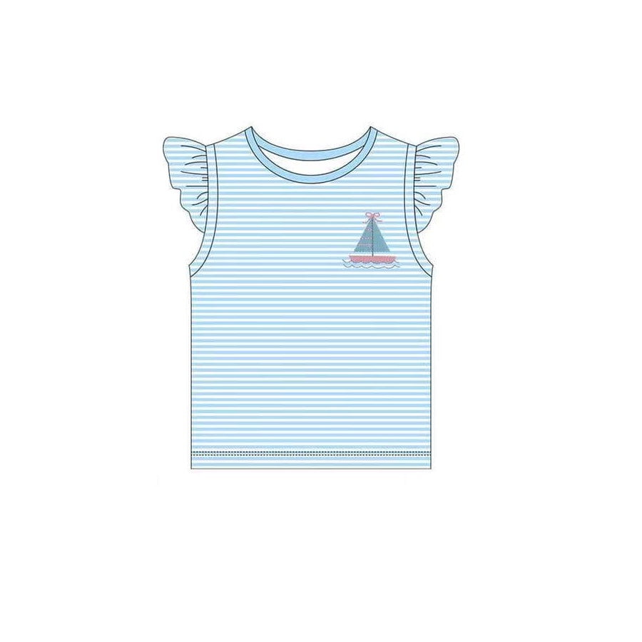preorder GT0582 cute sailboat blue striped flutter sleeve girls top