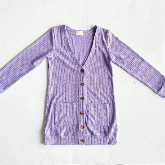 preorder  GT0612 purple pockets long sleeve girls cardigan