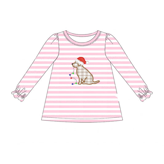 preorder GT0659 Christmas dog light pink striped long sleeve girls pullover top